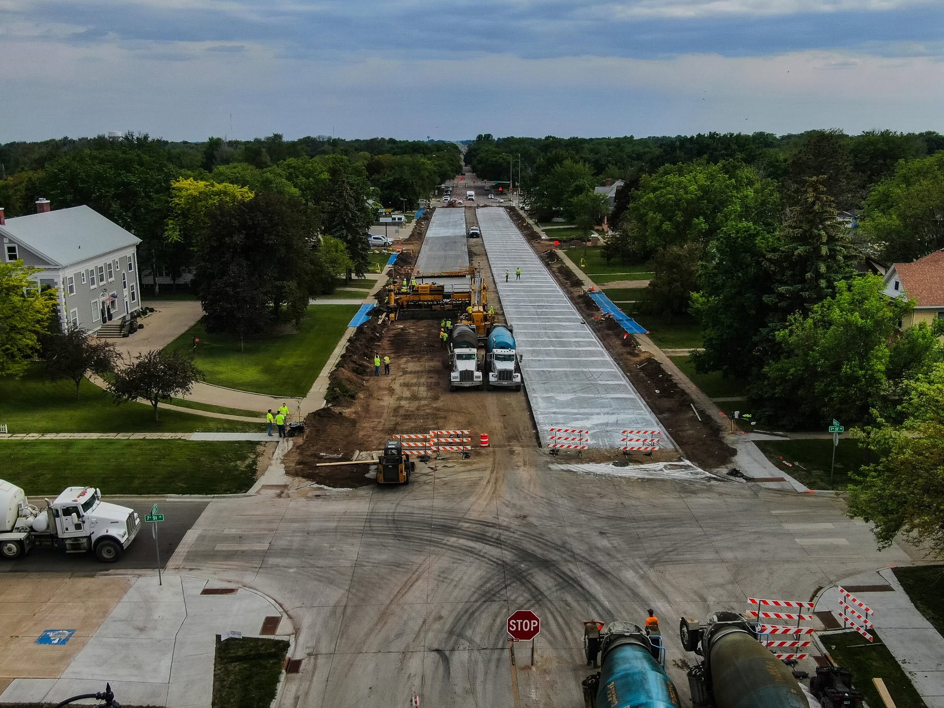 Aerial view of a street paving project